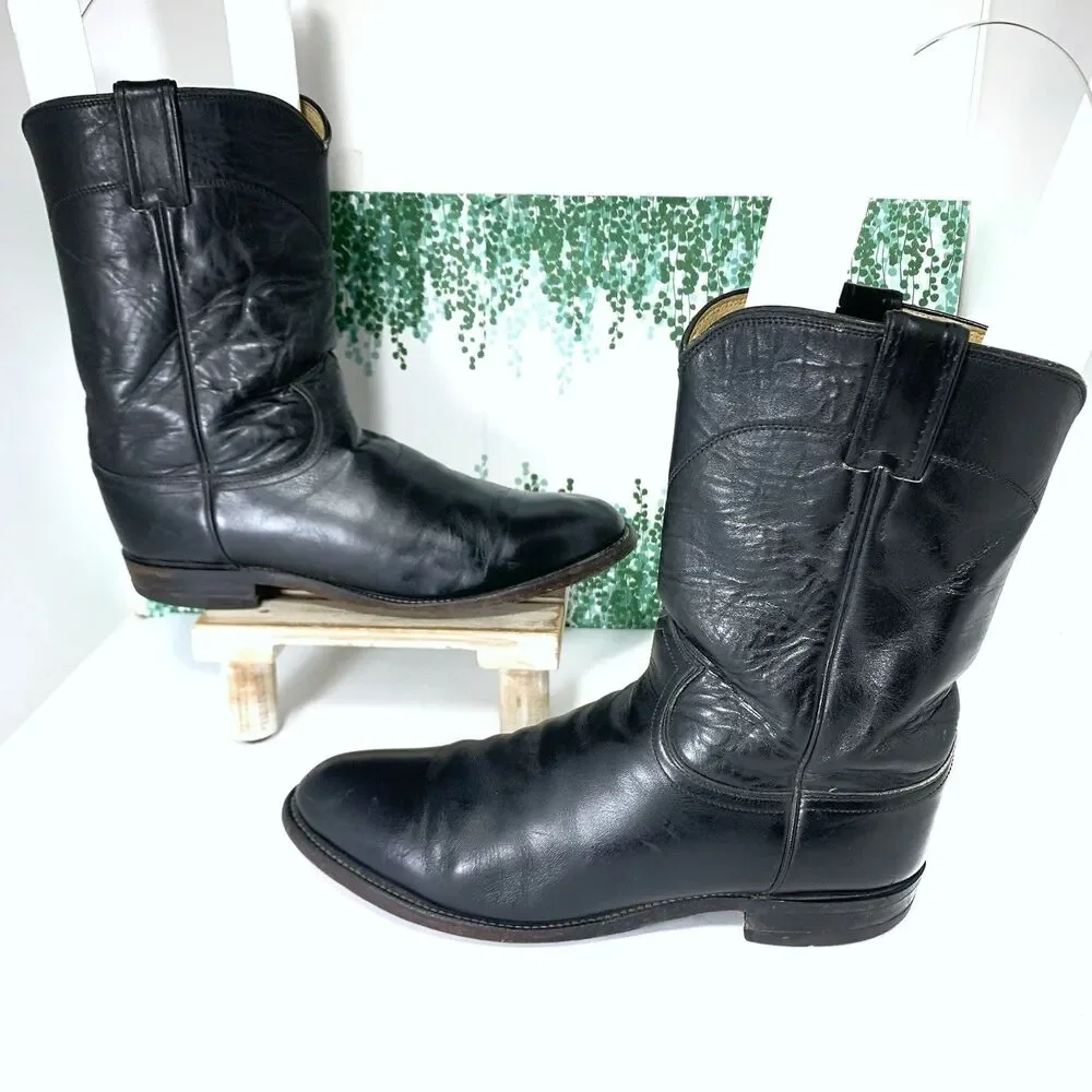 Justin Mens Boack Leather Roper Western 3133 Boots Size 9 1/2 D